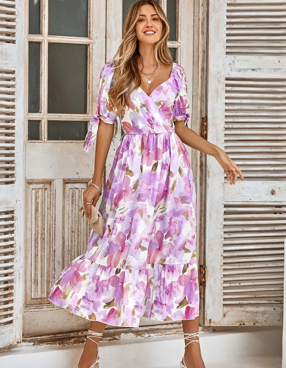 Puff Sleeve V Neck Plants Floral Print Long A Line Dresses
