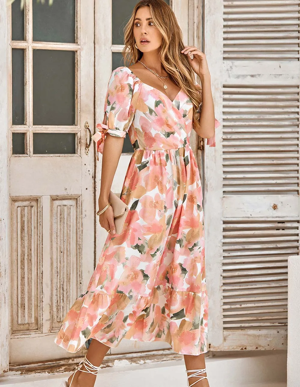 Puff Sleeve V Neck Plants Floral Print Long A Line Dresses