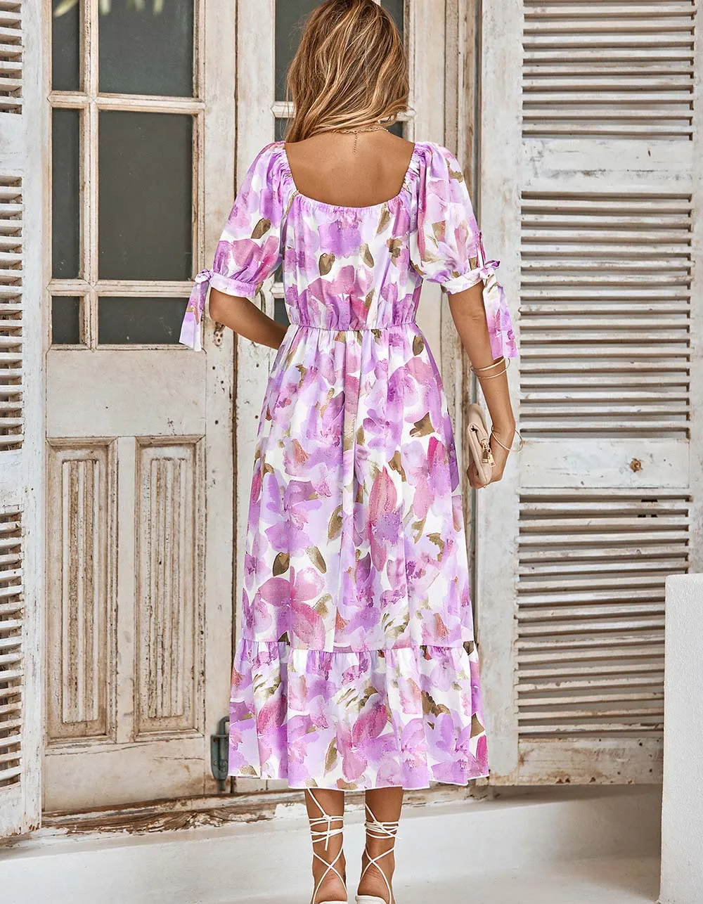 Puff Sleeve V Neck Plants Floral Print Long A Line Dresses