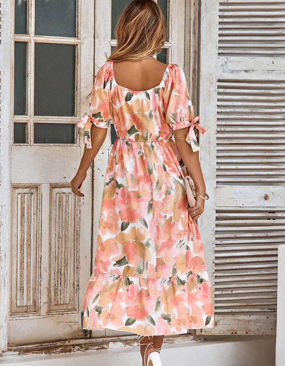 Puff Sleeve V Neck Plants Floral Print Long A Line Dresses