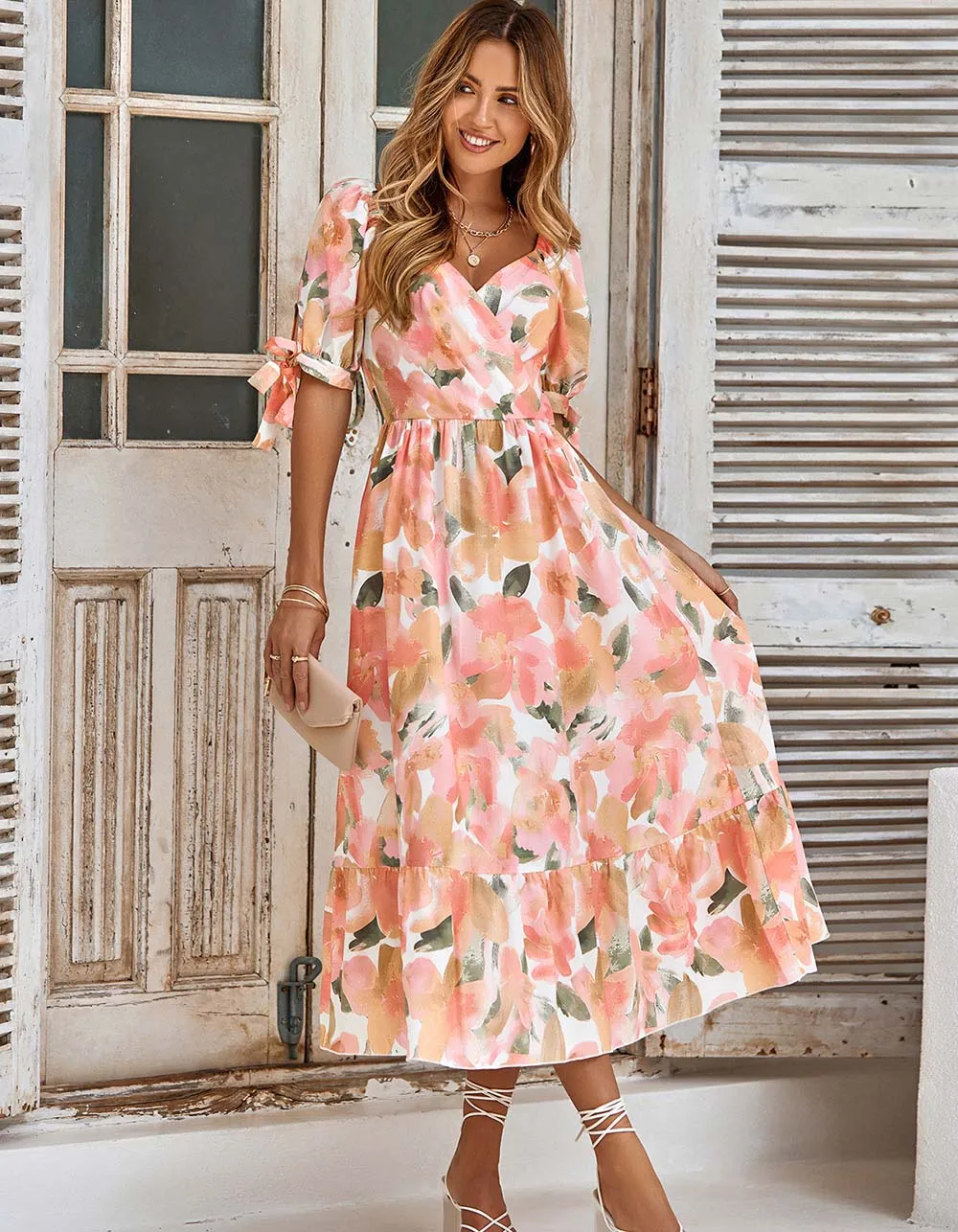 Puff Sleeve V Neck Plants Floral Print Long A Line Dresses
