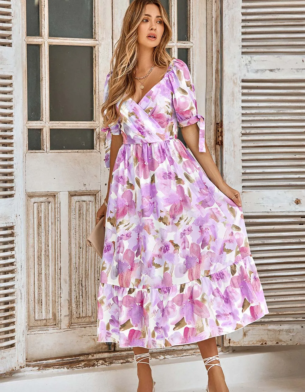 Puff Sleeve V Neck Plants Floral Print Long A Line Dresses