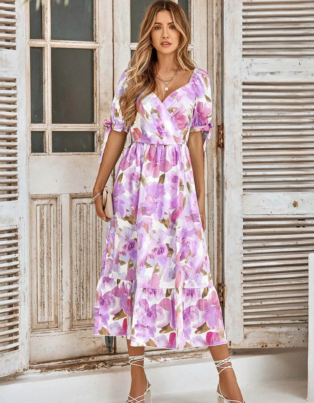 Puff Sleeve V Neck Plants Floral Print Long A Line Dresses