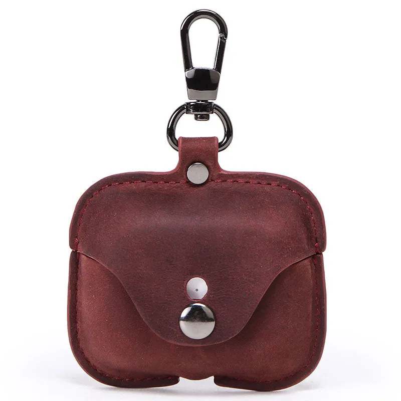 Real Leather Wallet Round Small Coin Change Purse Earphone Airpod Case with Keychain For AirPods Pro