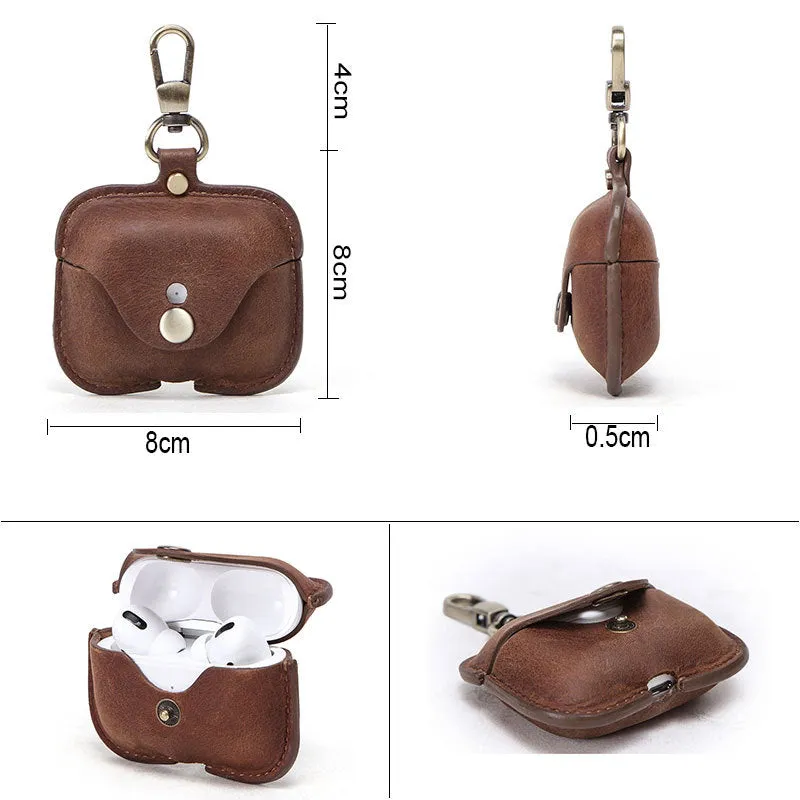 Real Leather Wallet Round Small Coin Change Purse Earphone Airpod Case with Keychain For AirPods Pro