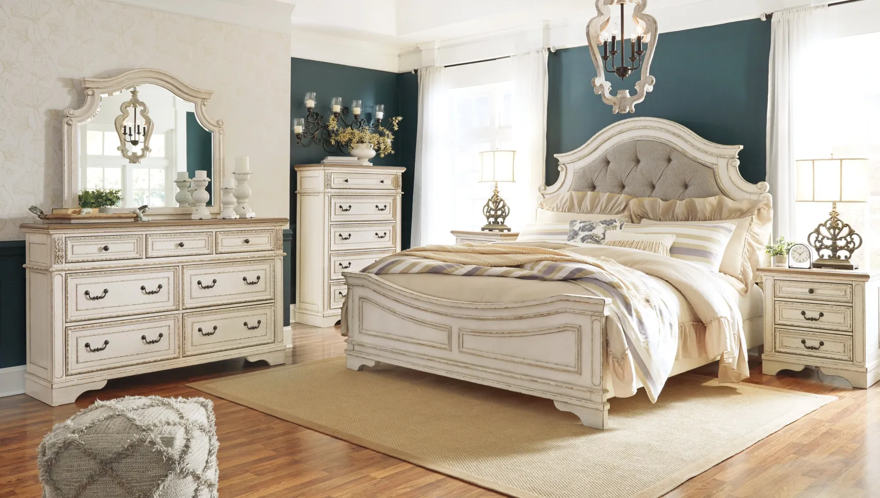 Realyn California King Upholstered Panel Bed with Mirrored Dresser, Chest and Nightstand