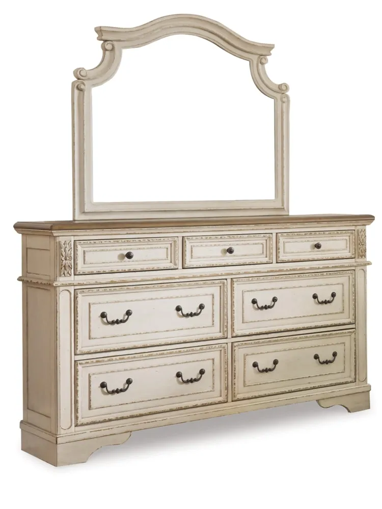 Realyn California King Upholstered Panel Bed with Mirrored Dresser, Chest and Nightstand