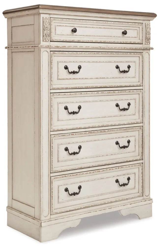 Realyn California King Upholstered Panel Bed with Mirrored Dresser, Chest and Nightstand