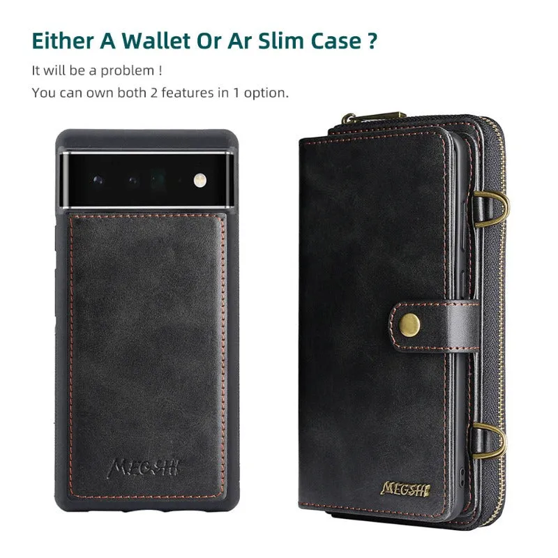 Removable Zipper Wallet Case Multi Cards Flip Case With Shoulder Strap For Google Pixel 8 7