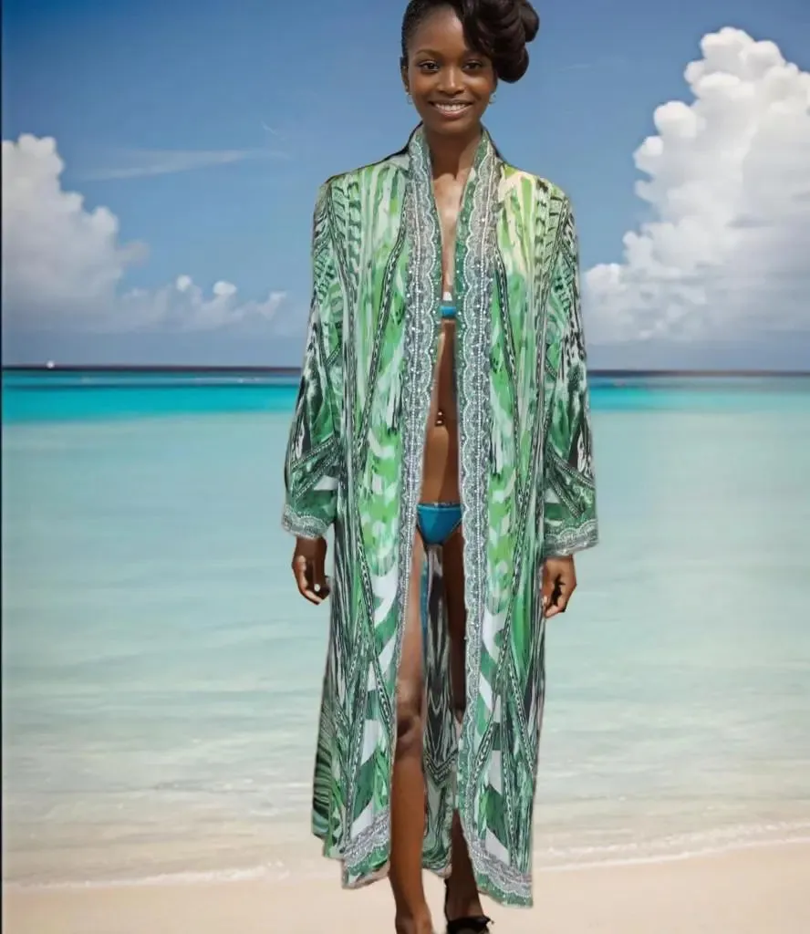Saffron green Long Silk Embellished Jacket