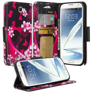 Samsung Galaxy Note2 Case, Wrist Strap Magnetic Fold[Kickstand] Pu Leather Wallet Case with ID & Credit Card Slots for Samsung Galaxy Note II - Heart Butterflies