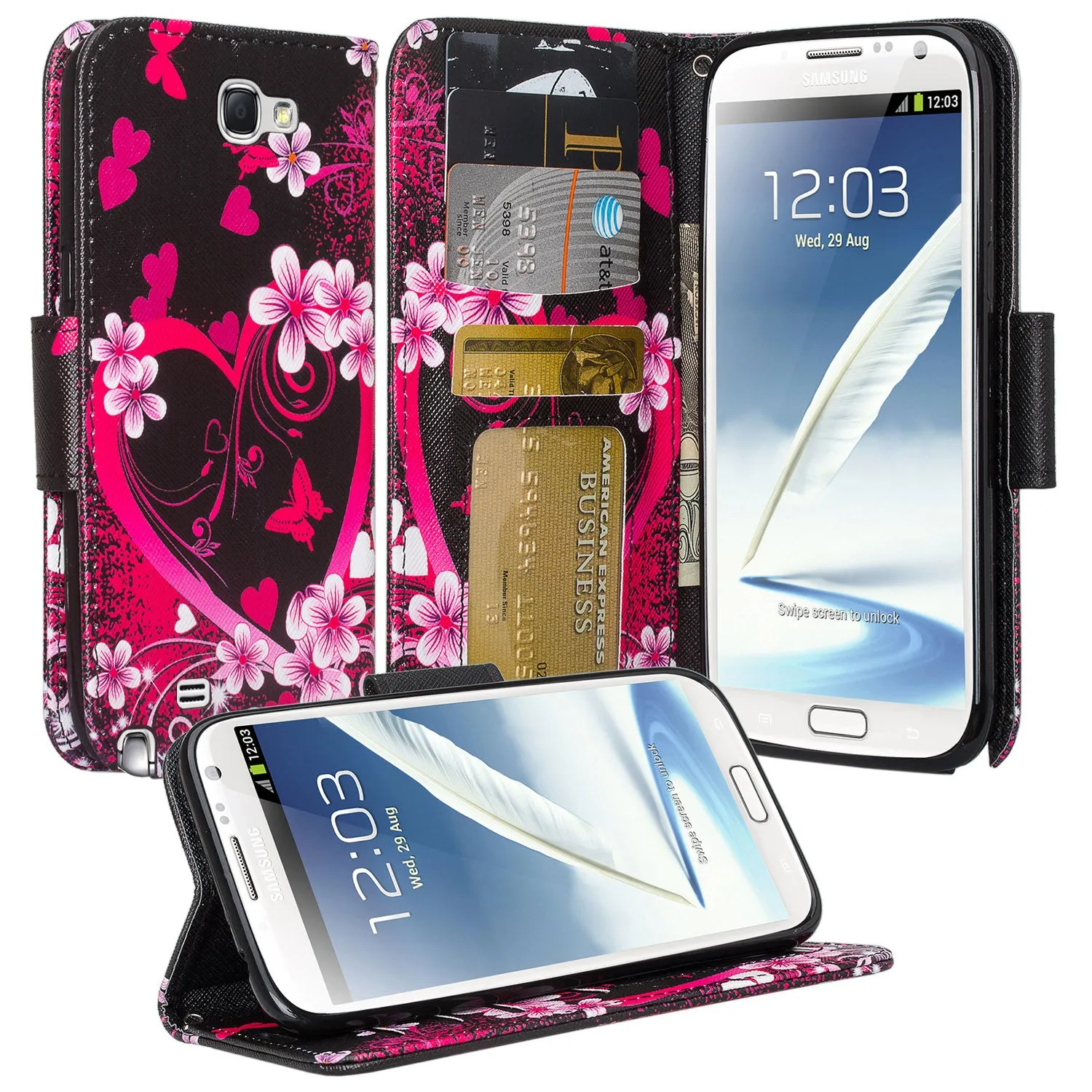 Samsung Galaxy Note2 Case, Wrist Strap Magnetic Fold[Kickstand] Pu Leather Wallet Case with ID & Credit Card Slots for Samsung Galaxy Note II - Heart Butterflies