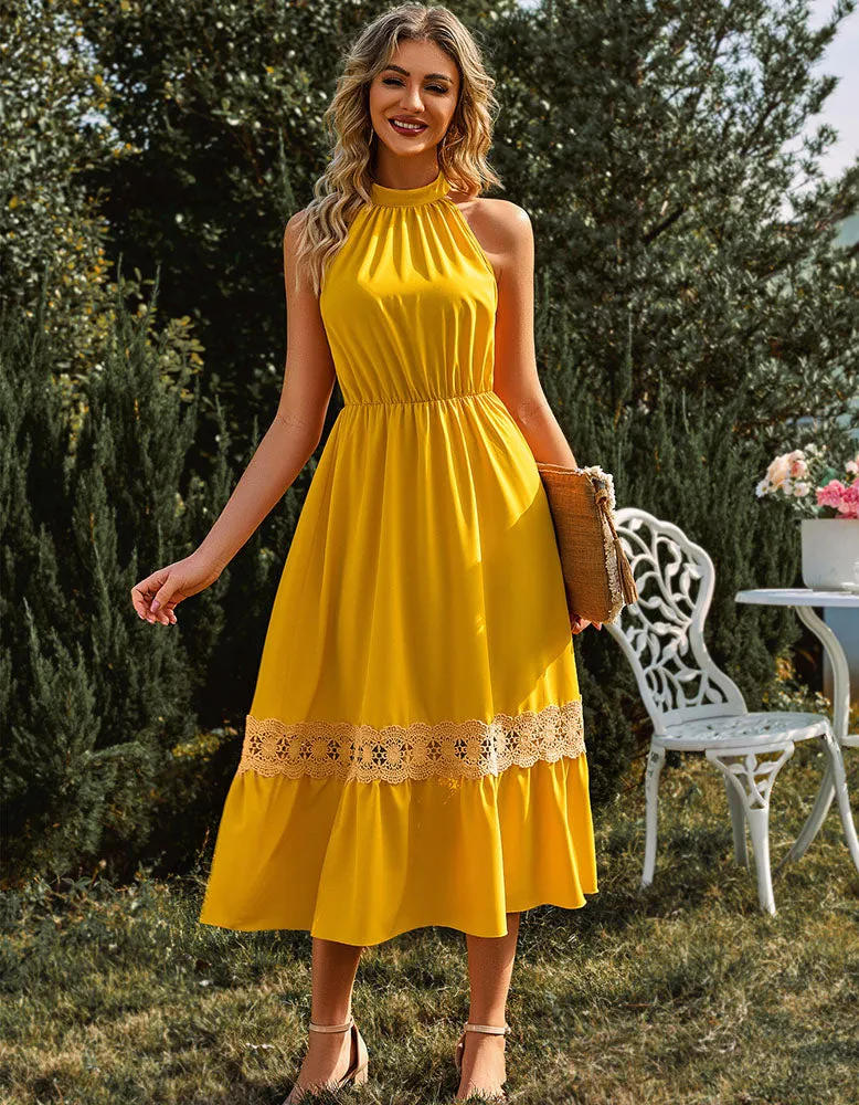 Sleeveless Halter Lace Ruffle Long A Line Dresses