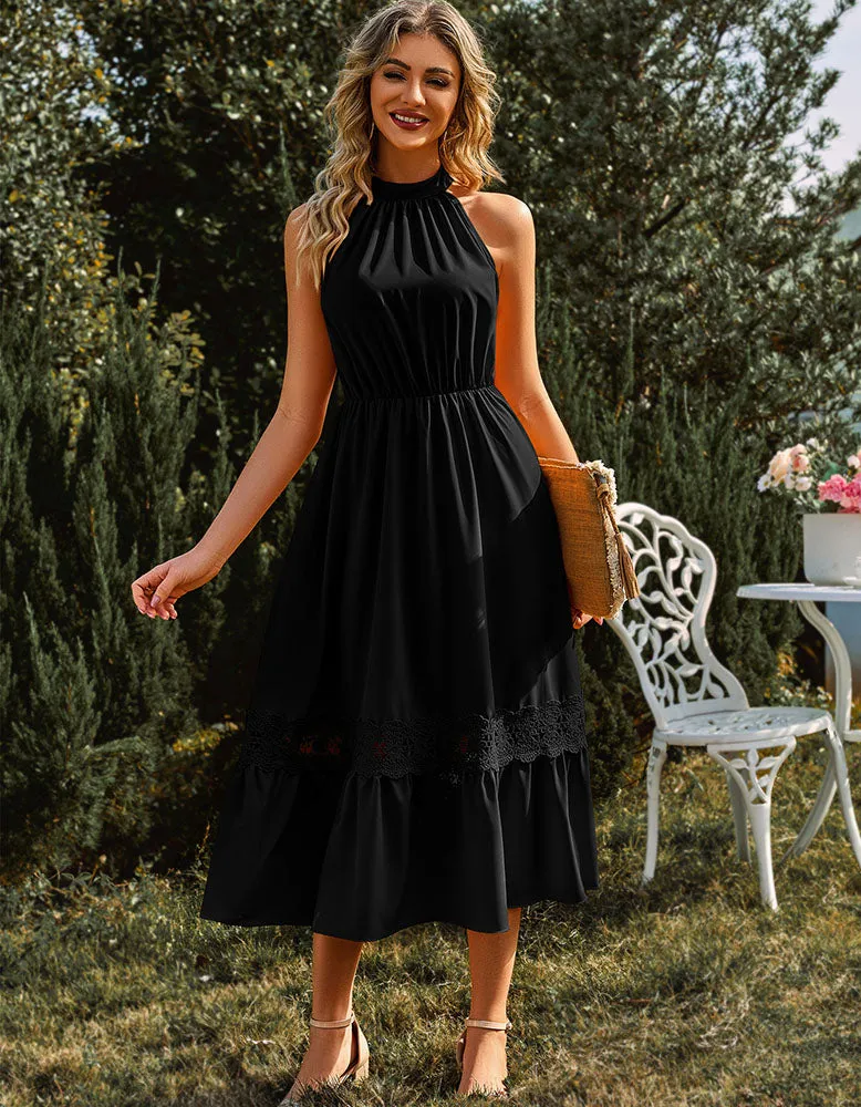 Sleeveless Halter Lace Ruffle Long A Line Dresses