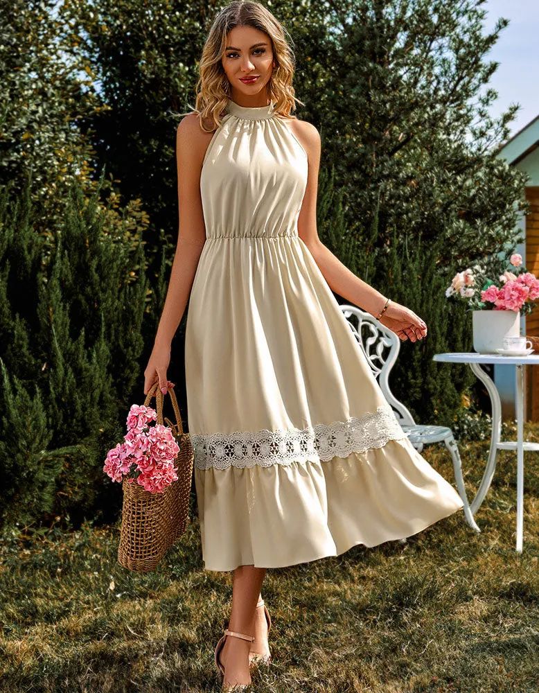 Sleeveless Halter Lace Ruffle Long A Line Dresses