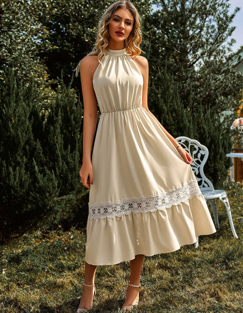 Sleeveless Halter Lace Ruffle Long A Line Dresses