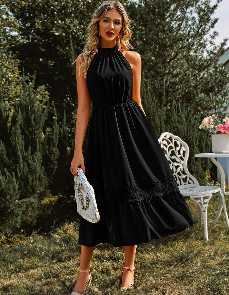 Sleeveless Halter Lace Ruffle Long A Line Dresses