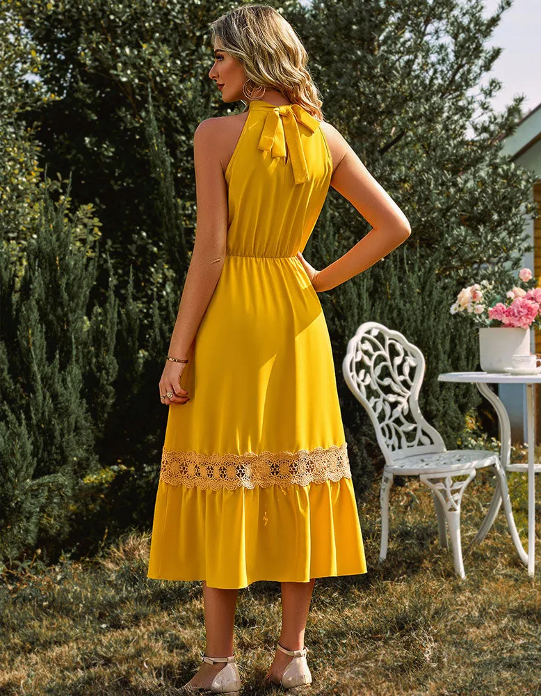 Sleeveless Halter Lace Ruffle Long A Line Dresses
