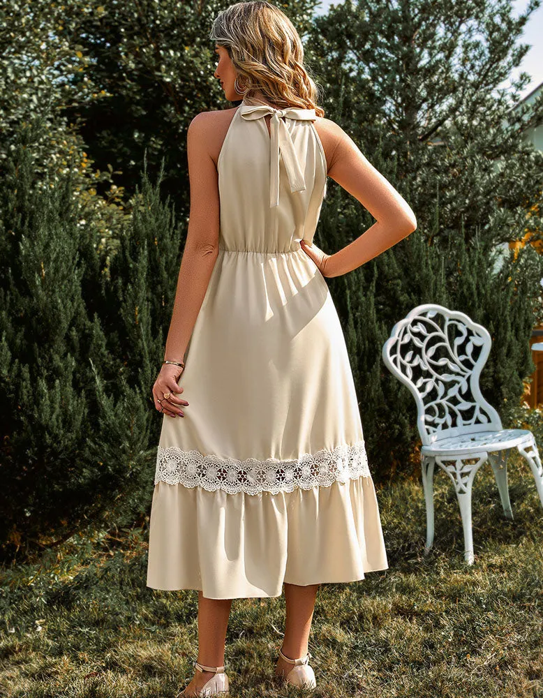 Sleeveless Halter Lace Ruffle Long A Line Dresses