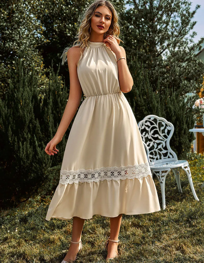 Sleeveless Halter Lace Ruffle Long A Line Dresses