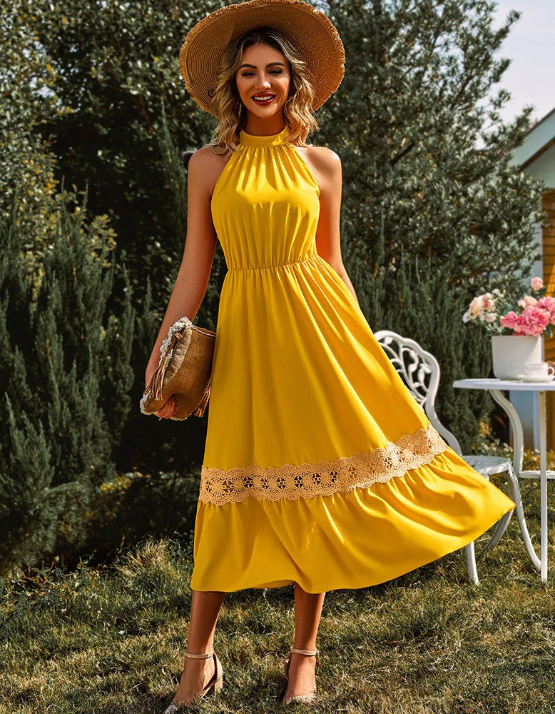 Sleeveless Halter Lace Ruffle Long A Line Dresses