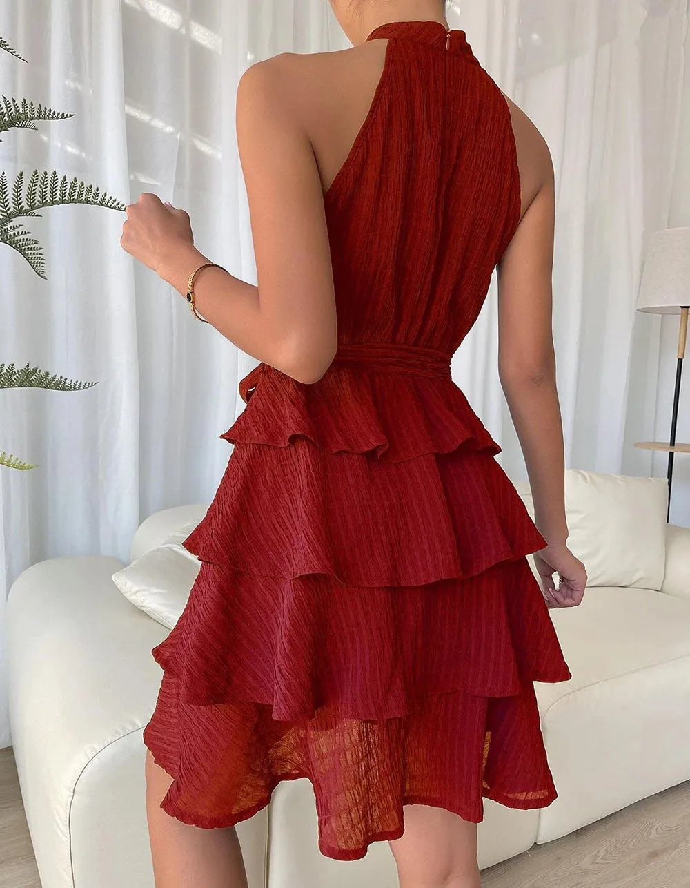 Solid-color Belted Stitching Sleeveless Ruffle Hem Short A-Line Dresses