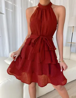 Solid-color Belted Stitching Sleeveless Ruffle Hem Short A-Line Dresses
