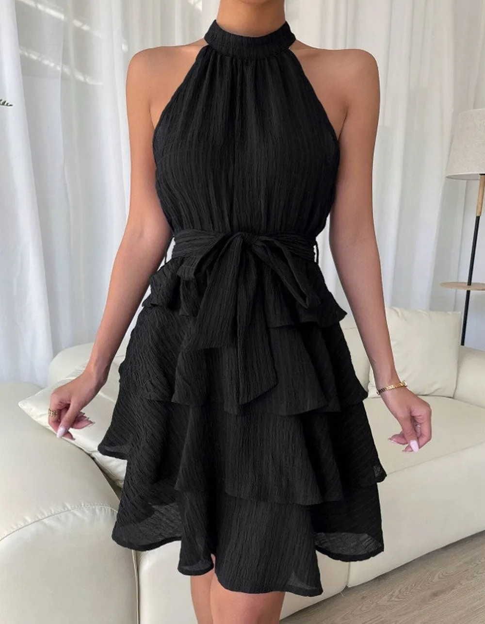 Solid-color Belted Stitching Sleeveless Ruffle Hem Short A-Line Dresses