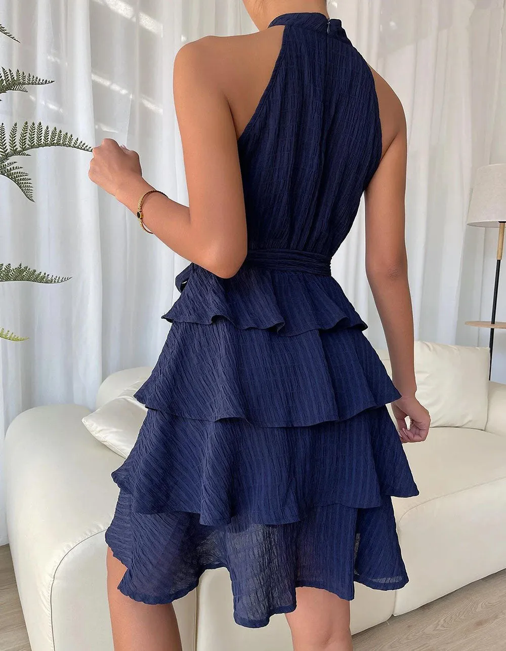 Solid-color Belted Stitching Sleeveless Ruffle Hem Short A-Line Dresses