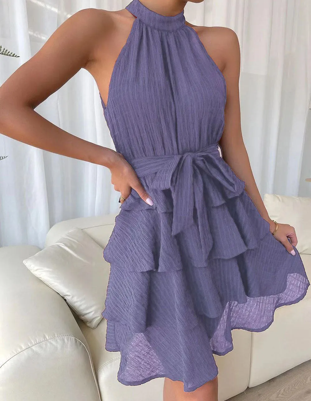Solid-color Belted Stitching Sleeveless Ruffle Hem Short A-Line Dresses