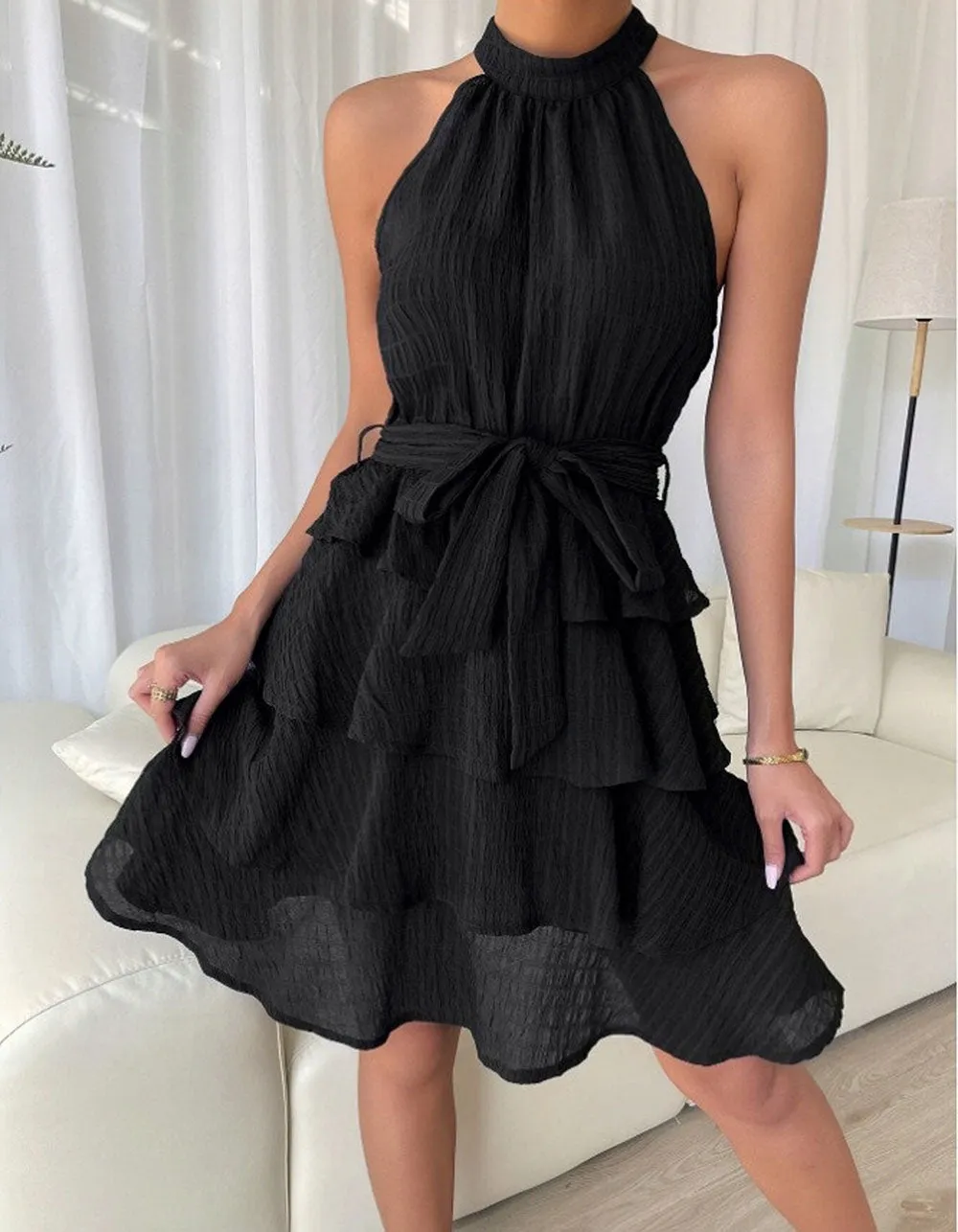 Solid-color Belted Stitching Sleeveless Ruffle Hem Short A-Line Dresses