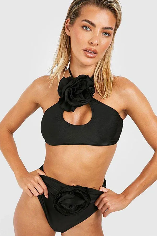 Solid Color Halter Collar Striking 3D Flower Decor Bikini