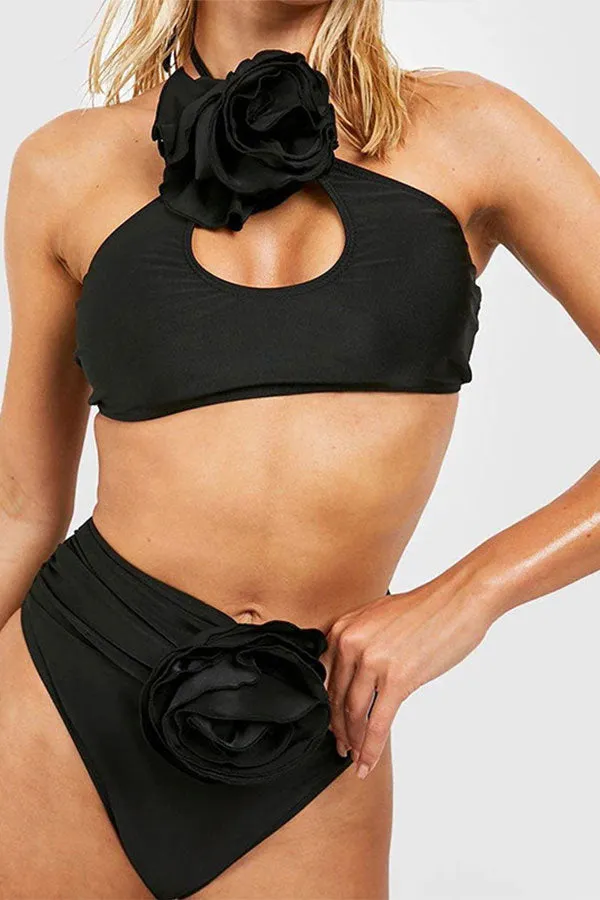 Solid Color Halter Collar Striking 3D Flower Decor Bikini