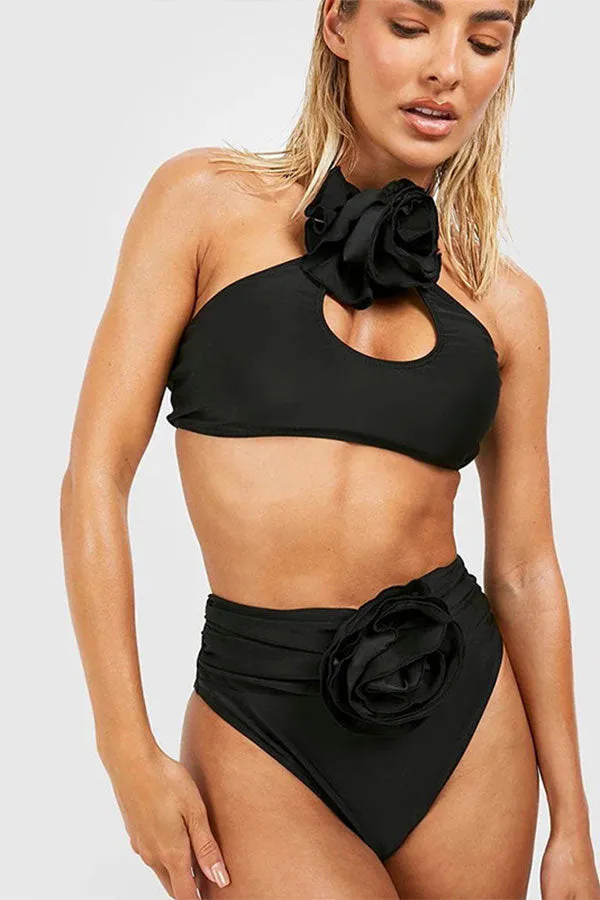 Solid Color Halter Collar Striking 3D Flower Decor Bikini