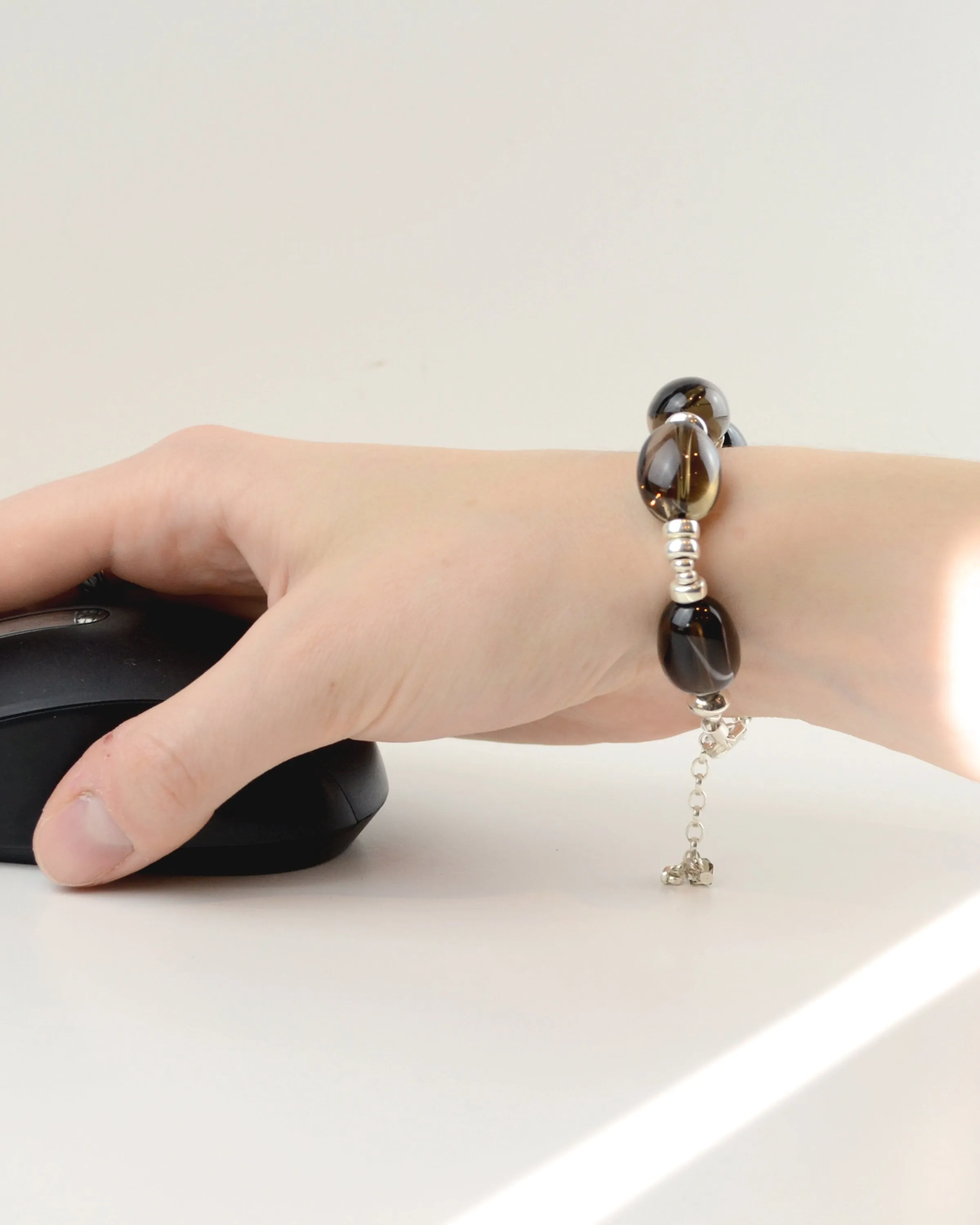 Sterling silver and smoked quartz striking bracelet, chunky stone bracelet
