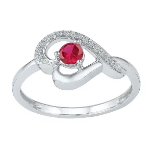 Sterling Silver Women's Round Lab-Created Ruby Diamond Heart Ring