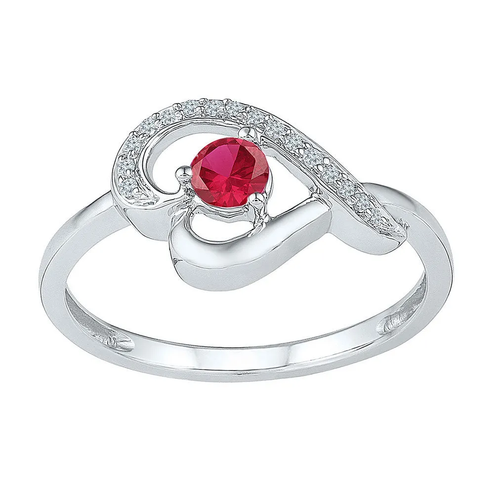 Sterling Silver Women's Round Lab-Created Ruby Diamond Heart Ring