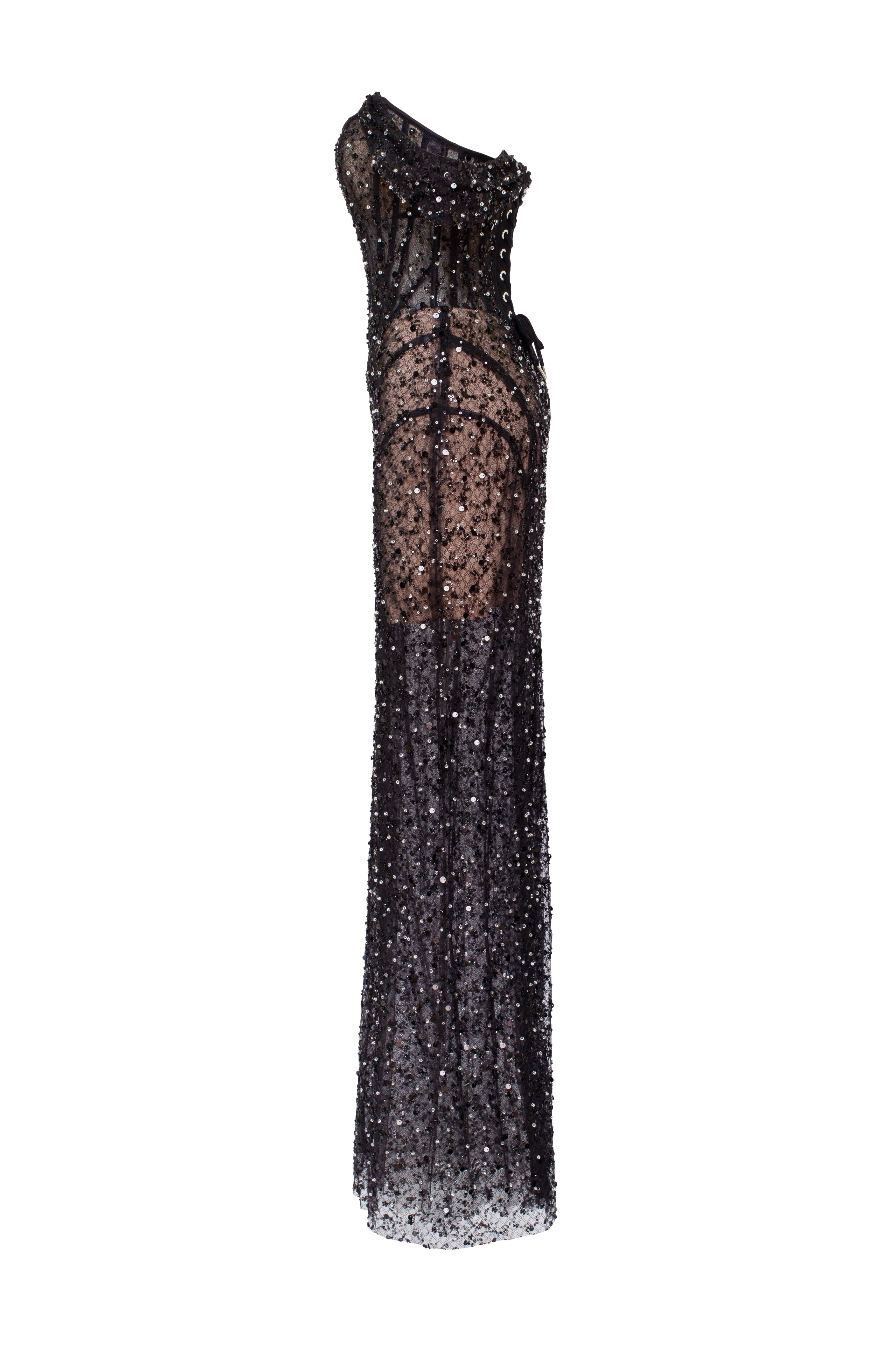 Striking black sequined fitted maxi dress 