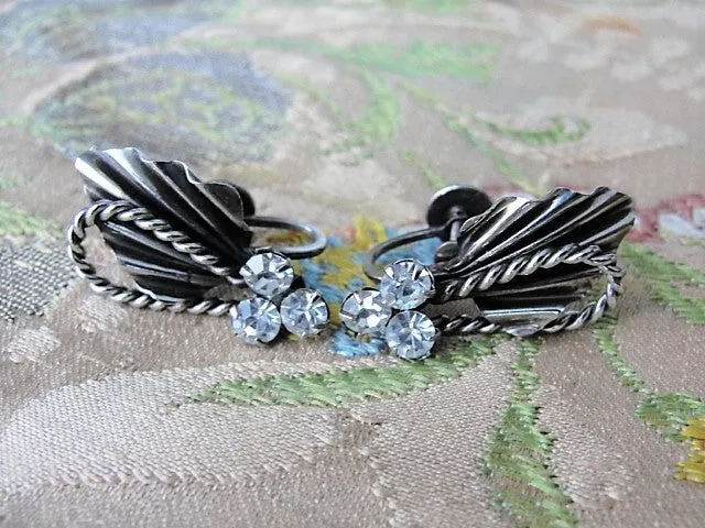 STRIKING Vintage Signed Continental Earrings, Screw Back Earrings Silver Tone and Sparkling Crystal Rhinestones Vintage Collectible Jewelry