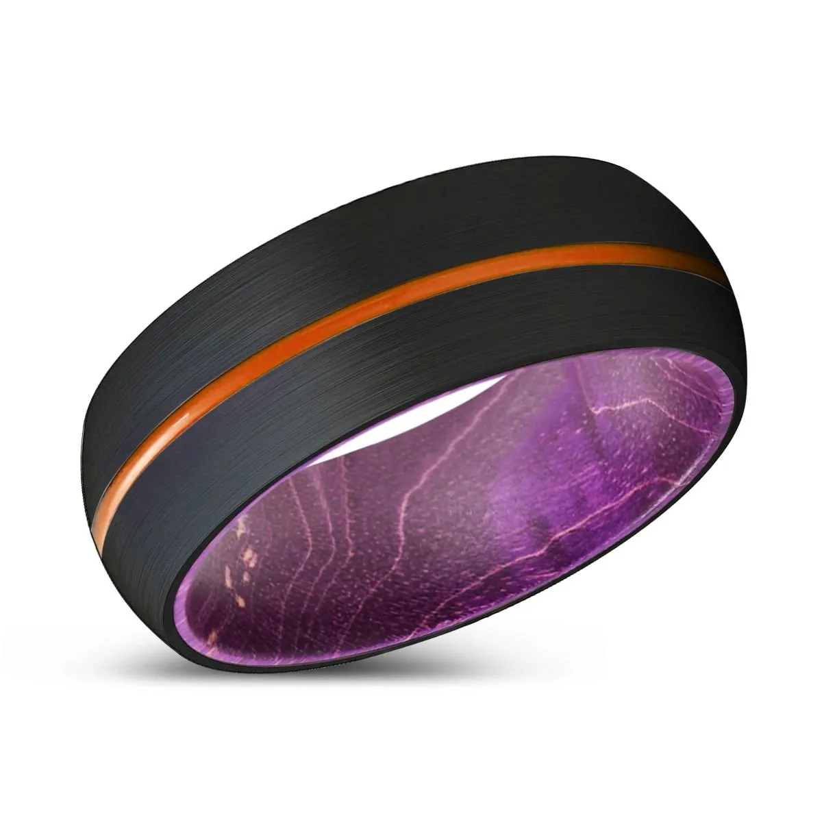 SUMPTUOUS | Purple Wood, Black Tungsten Ring, Orange Groove, Domed