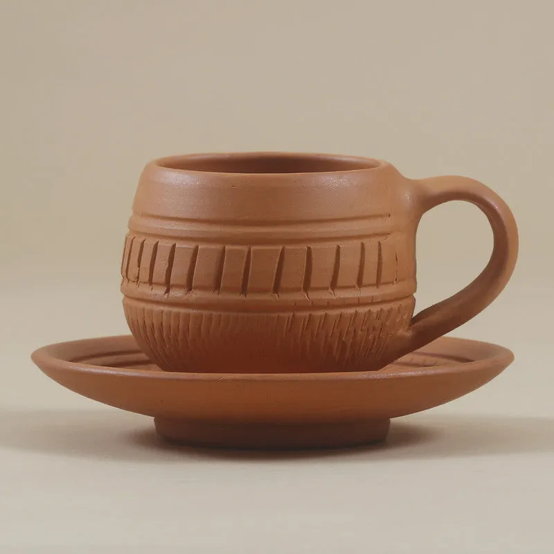 Terracotta Tea Cup Plate Set | Engraved | Set of 4