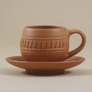 Terracotta Tea Cup Plate Set | Engraved | Set of 4