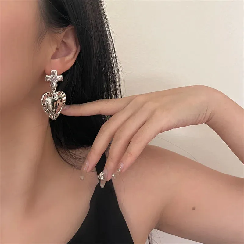 VAIGE Vintage Asymmetrical Heart-Cross Drop Earrings in Silver and Gold