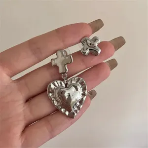 VAIGE Vintage Asymmetrical Heart-Cross Drop Earrings in Silver and Gold