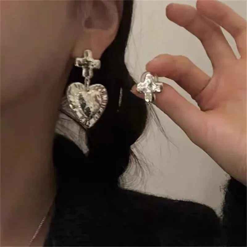 VAIGE Vintage Asymmetrical Heart-Cross Drop Earrings in Silver and Gold