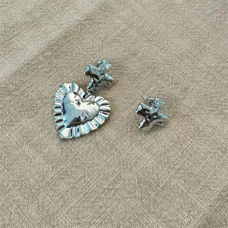 VAIGE Vintage Asymmetrical Heart-Cross Drop Earrings in Silver and Gold