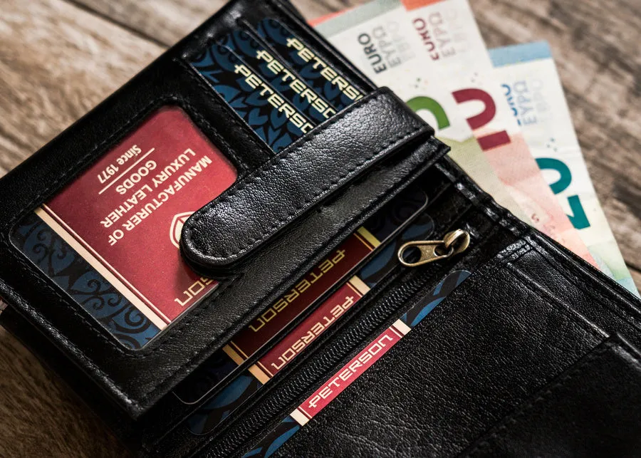 Vertical Leather Wallet Embossed with Square Polish Eagle & White and Red Trim
