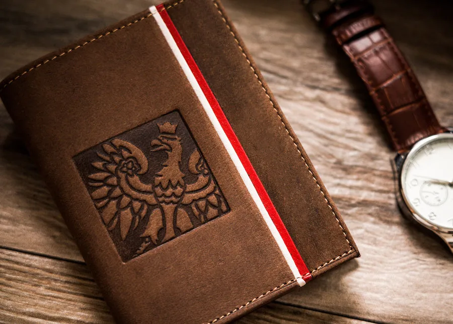 Vertical Leather Wallet Embossed with Square Polish Eagle & White and Red Trim