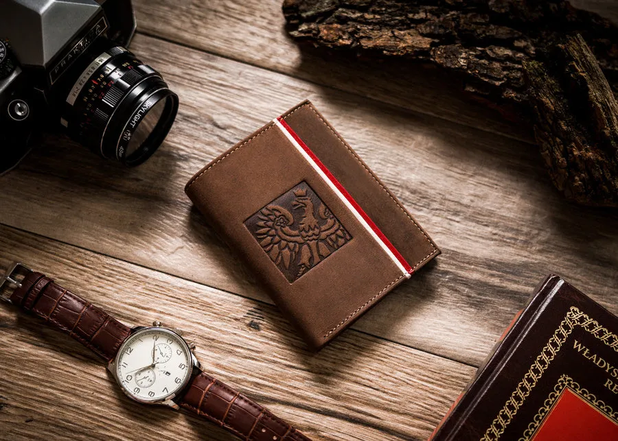Vertical Leather Wallet Embossed with Square Polish Eagle & White and Red Trim