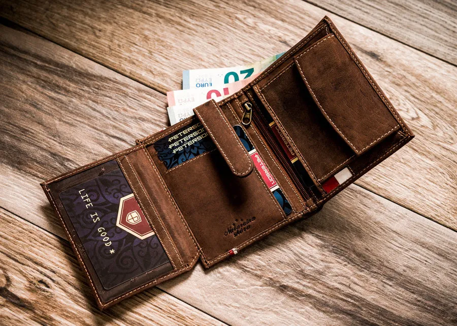 Vertical Leather Wallet Embossed with Square Polish Eagle & White and Red Trim